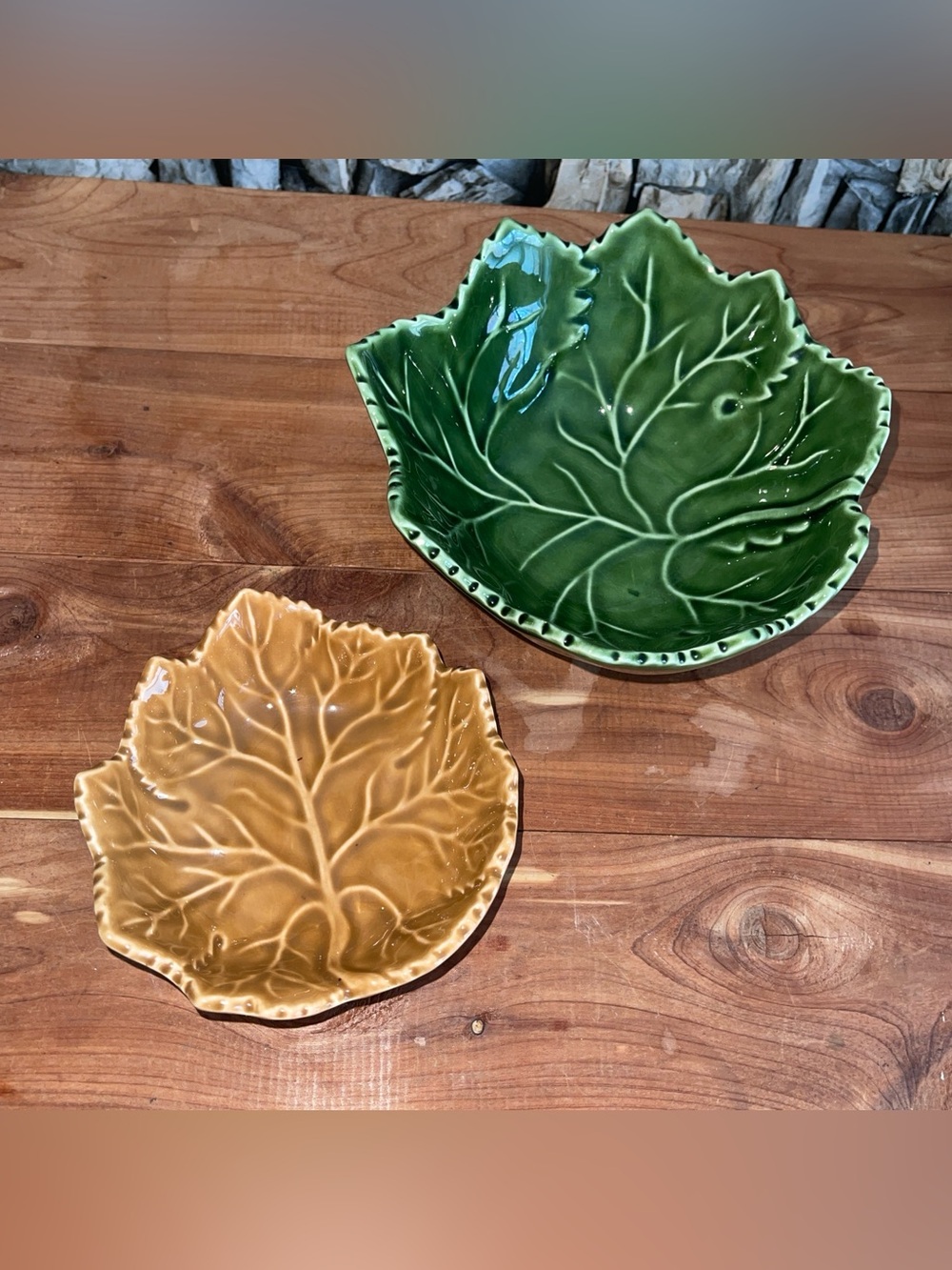 Olfaire Art Pottery Embossed Leafs Green & Gold Pottery Made in Portugal